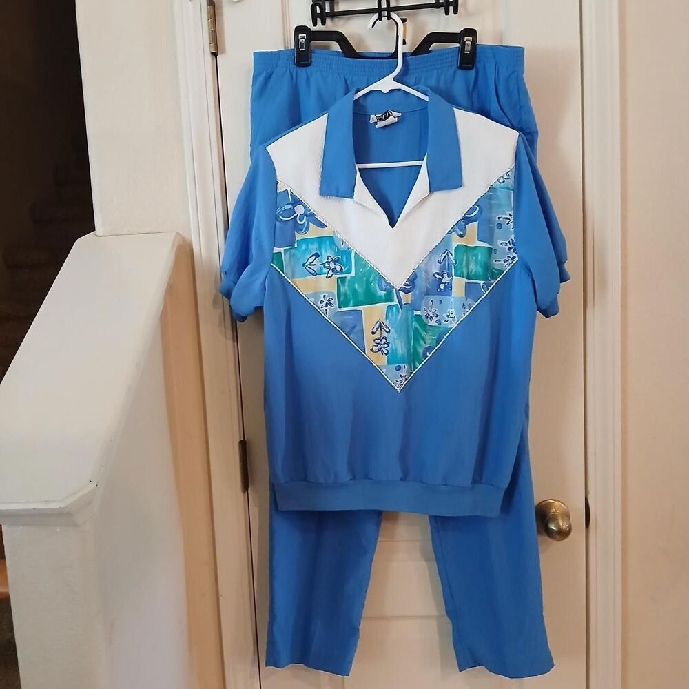 Vintage Track Suit Womens 14 Blue White Wind Breaker Retro Colorblock 80s 90s